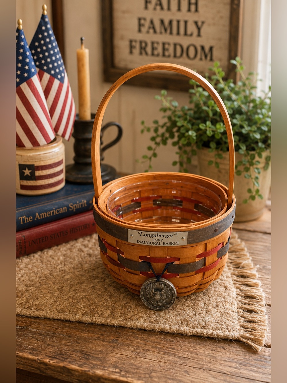 Longaberger 1997 Inaugural Basket w Protector & Pewter Eagle Medallion